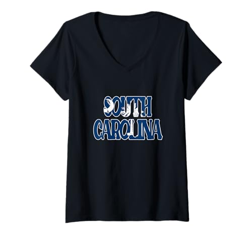 Damen Halbmond & Palmetto Tree Inside South Carolina Text T-Shirt mit V-Ausschnitt von Fashion Book