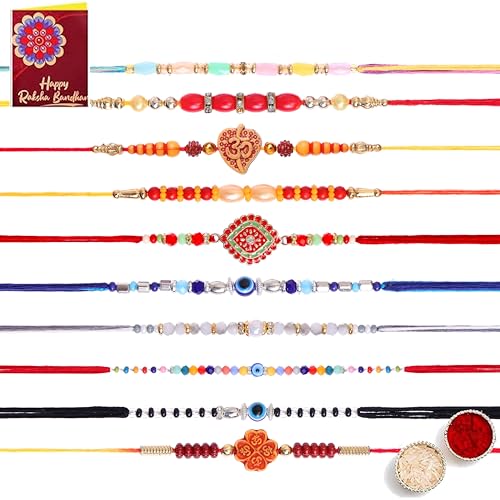 Fashion Frill Trendy Rakhi For Bhai Designer Rakhi For Bhaiya Mauli Thread Rakhi For Brother Rakshabandhan Special Rakhi Combo Pack of 10, One Size, Non-Precious, No Gemstone von Fashion Frill