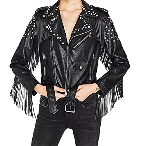 Fashion Hyped Damen Bikerjacke aus Leder, Gothic, Brando, Rock, Punk, mit Fransen, Schwarz, Schwarz - Echtleder, 46 von Fashion Hyped