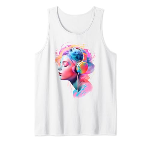 Frau Gesicht mit Kopfhörer Damen Ästhetik Style Motive Tank Top Frau Gesicht mit Kopfhörer Damen Ästhetik Style Motive Tank Top von Fashion Portrait Damen Teenager Sommer Grafik