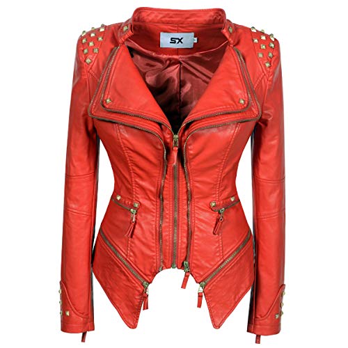 SX Damen Bikerjacke mit Nieten und perfekt formenden Kunstleder, rot, Medium von Fashion SX