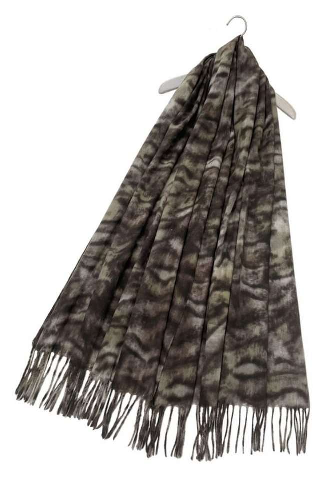 Fashion Scarf World Modeschal Weicher Wollquastenschal mit Tiger-Streifenmuster, Hochwertige Wollmischung für optimalen Tragekomfort von Fashion Scarf World