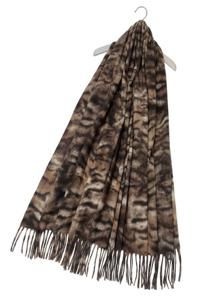 Fashion Scarf World Modeschal Weicher Wollquastenschal mit Tiger-Streifenmuster, Hochwertige Wollmischung für optimalen Tragekomfort von Fashion Scarf World