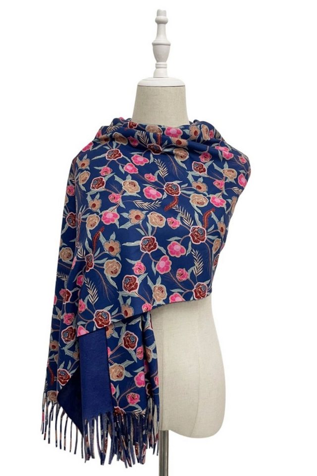 Fashion Scarf World Schal Eleganter Quastenschal mit floralem Muster – Blau und Rosa, Weich, wärmend und angenehm leicht auf der Haut von Fashion Scarf World
