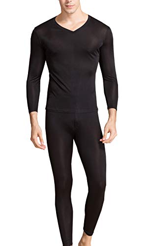 Lange Unterhose aus Seide, V-Ausschnitt, lange Unterwäsche, Maulbeerseide, Thermo-Unterwäsche-Set und Basisschicht, schwarz, X-Large von Grenasasilk