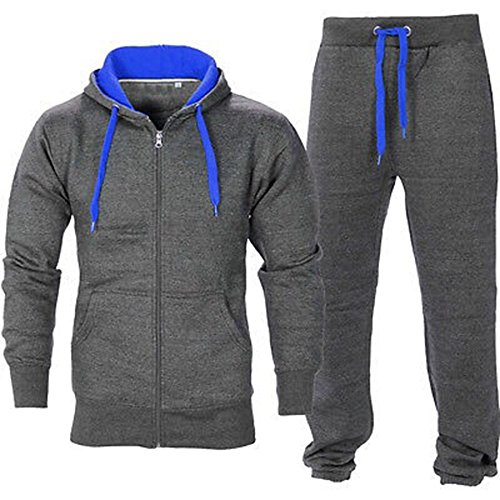 Herren Fitnessstudio Contrast Jogging Trainingsanzug Kapuzenpullis Top Vlies-böden Jogginghose Set - Dunkelgrau/Königsblau, L von Fashion Star