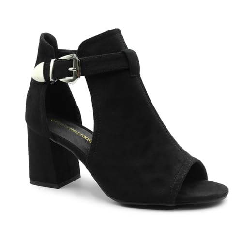 Damen Peeptoe-Sandalen im Stiefeletten-Stil - mittelhoher Blockabsatz - Schwarz Veloursleder-Imitat - EUR 36 Damen Peeptoe-Sandalen im Stiefeletten-Stil - mittelhoher Blockabsatz - Schwarz Veloursleder-Imitat - EUR 36 von Fashion Thirsty