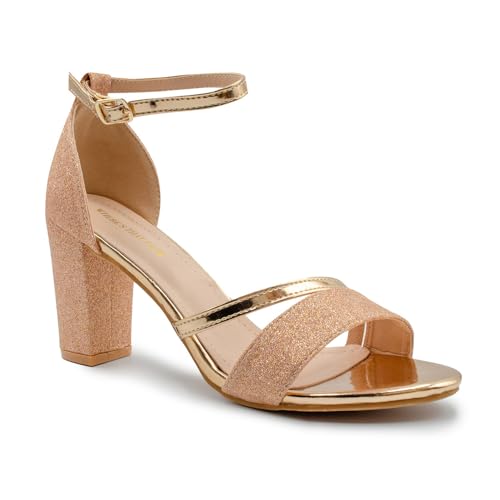 Fashion Thirsty Damen Riemensandalen mit hohem Blockabsatz - funkelnd - Roségoldfarben Metallic-Glitzer - EUR 37 von Fashion Thirsty