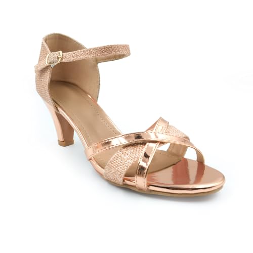 Fashion Thirsty Damen Sandaletten mit mittelhohem Absatz - offener Zehenbereich - Roségoldfarben Metallic - EUR 40 von Fashion Thirsty