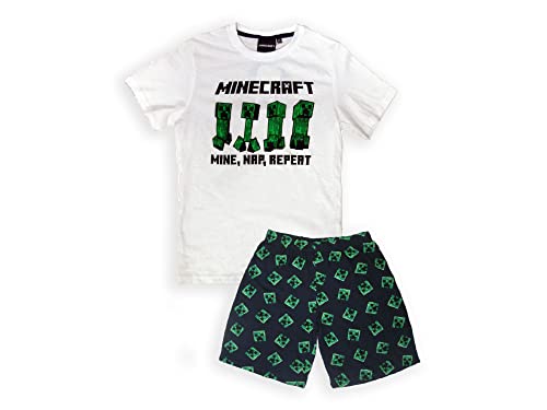 Fashion UK Minecraft Schlafanzug für den Sommer, Frühling, Modell: Mine, Nap, Repeat Creeper T-Shirt Weiß Blau Baumwolle Offizielles Produkt für Kinder (10 Jahre - 140 cm) von Fashion UK