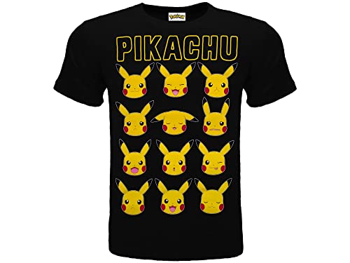 Fashion UK Pikachu Smorfie T-Shirt, offizielles Produkt, Unisex, schwarz, für Kinder/Jugendliche., Schwarz , 12-13 Jahre von Fashion UK