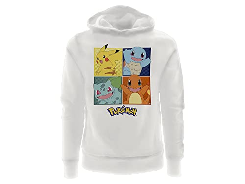 Fashion UK Pokemon Offizielles Sweatshirt mit 4 Figuren, Pikachu und Starter, mit Kapuze, Weiß, Baumwolle, Größe für Kinder., Weiß, 9-11 Jahre von Fashion UK