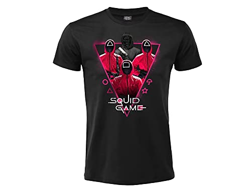 Fashion UK Squid Game Offizielles T-Shirt Modell Guardians Front Man mit Frontprint 100% Baumwolle Schwarz Kurzarm Uni Lizenzprodukt Erwachsene Jungen (XS), Schwarz von Fashion UK