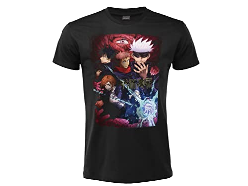 Fashion UK T-Shirt Jujutsu Kaisen Modell Figuren schwarz 100% Baumwolle Kurzarm Offizielles Produkt Größen für Erwachsene Jungen, Schwarz , S von Fashion UK