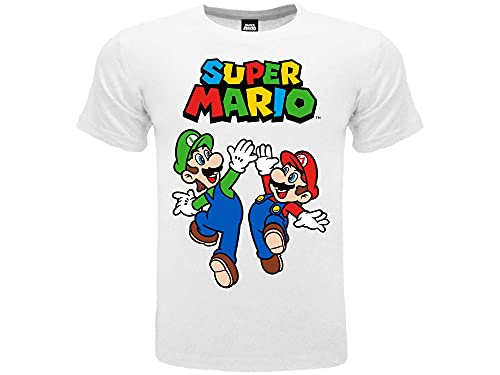 Fashion UK T-Shirt Mario und Luigi. Offizielles T-Shirt aus 100 % Baumwolle. Farbe: Weiß mit Logo. Lizenzprodukt, Kindergröße, für Jungen., Weiß, 14-15 Jahre von Fashion UK