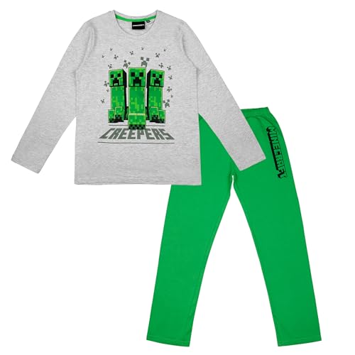 Minecraft Schlafanzug Kinder Baumwolle Creeper Schlafanzug Jungen Lang mit Oberteil und Pyjamahose Geschenke für Jungs (DE/NL/SE/PL, Numerisch, 134, Regular, Hellgrau) von Fashion UK