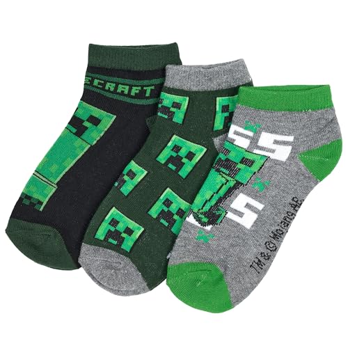 Minecraft Socken Sneaker Strümpfe Creeper Design 3 Paar (DE/NL/SE/PL, Numerisch, 27, 30, Regular, Grau) von Fashion UK