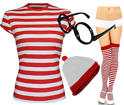 Nerd/Geek-Kostüm, unisex, Rot & Weiß Gestreift, mehrteiliges Set(Damen S/M, T-Shirt + Mütze + Brille + Socken) von Fashion