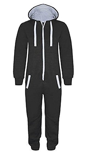 Fashion Kinder Jungen Mädchen Unisex Plain Strampler mit Kapuze In einem Jumpsuit Größen 7-14 Jahre Black & grau von Fashion