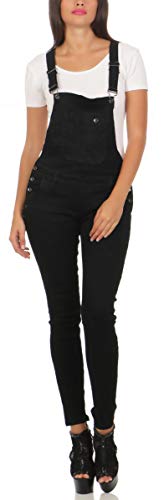 Fashion4Young 10026 Damen Latzhose Latzjeans Röhrenjeans Jeans Hosenträgern Overall (L/40, schwarz) von Fashion4Young