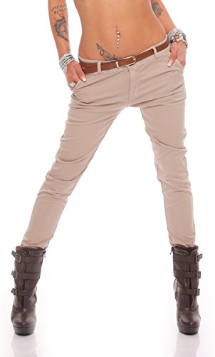 Fashion4Young 10777 Damen Skinny Chino Pant Hautenge Treggings Stretch-Stoff Damenhose mit Gürtel (M=38, Beige) von Fashion4Young