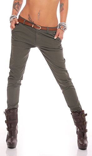 Fashion4Young 10777 Damen Skinny Chino Pant Hautenge Treggings Stretch-Stoff Damenhose mit Gürtel (XL=42, Khaki) von Fashion4Young