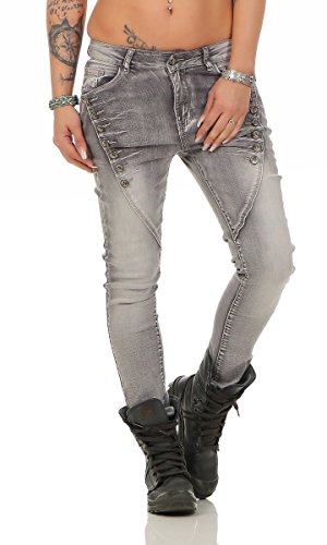 Fashion4Young 10826 MOZZAAR Damen Jeans Jeans Röhrenjeans Haremshose Damenjeans Hüftjeans Baggy (L=40, 14-hellgrau) von Fashion4Young