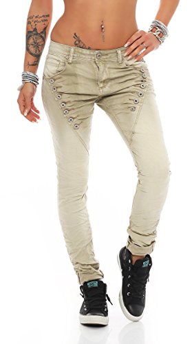 Fashion4Young 10826 MOZZAAR Damen Jeans Jeans Röhrenjeans Haremshose Damenjeans Hüftjeans Baggy (L=40, Beige) von Fashion4Young