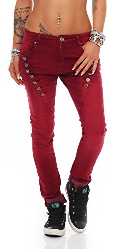 Fashion4Young 10826 MOZZAAR Damen Jeans Jeans Röhrenjeans Haremshose Damenjeans Hüftjeans Baggy (L=40, Weinrot) von Fashion4Young