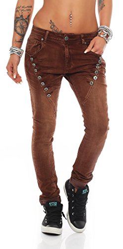 Fashion4Young 10826 MOZZAAR Damen Jeans Jeans Röhrenjeans Haremshose Damenjeans Hüftjeans Baggy (M=38, Dunkelbraun) von Fashion4Young