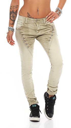 Fashion4Young 10826 MOZZAAR Damen Jeans Jeans Röhrenjeans Haremshose Damenjeans Hüftjeans Baggy (XL=42, Beige) von Fashion4Young