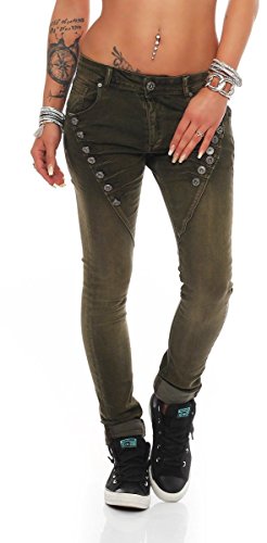 Fashion4Young 10826 MOZZAAR Damen Jeans Jeans Röhrenjeans Haremshose Damenjeans Hüftjeans Baggy (XS=34, Dunkelgrün) von Fashion4Young