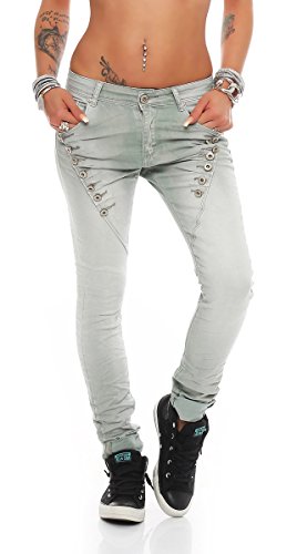 Fashion4Young 10826 MOZZAAR Damen Jeans Jeans Röhrenjeans Haremshose Damenjeans Hüftjeans Baggy (XS=34, Grau) von Fashion4Young