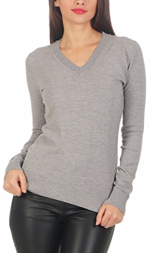 Fashion4Young 10937 Damen Pullover Langarm Feinstrick Pullover Damenpullover V-Ausschnitt (grau, S/M=34/36) von Fashion4Young