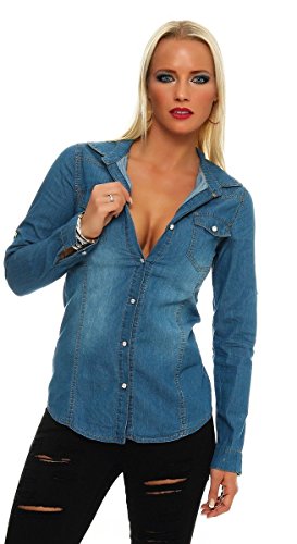 Fashion4Young 11051 Langarm Damen Jeans Bluse Hemdbluse Damenbluse Jeanshemd Jeansbluse (M, blau) von Fashion4Young
