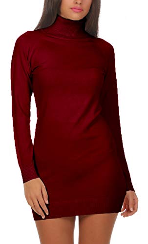 Fashion4Young 11392 Damen Feinstrick Pullover Strickkleid Strickpullover Rollkragen Minikleid Rollkragenpullover (S/M=34/36, weinrot) von Fashion4Young