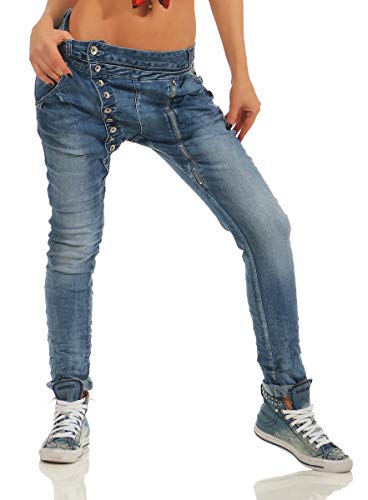 Fashion4Young 11424 Damen Jeans Röhrenjeans Hose Boyfriend Baggy Haremscut Damenjeans Slim-Fit (Jeans-blau-5857, L-40) von Fashion4Young