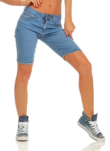 Fashion4Young 11517 Damen Jeans Bermudas Hose Röhre Denim Shorts Hotpants Übergrößen Slimline Slim-Fit (blau, S-36) von Fashion4Young