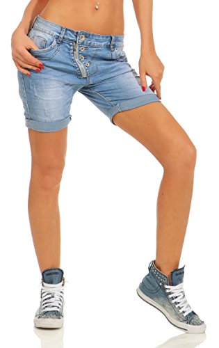 Fashion4Young 11521 Damen Jeans Bermuda Hose Boyfriend Denim Shorts Destroyed Slimline Knopfleiste Slim-Fit (blau, S) von Fashion4Young