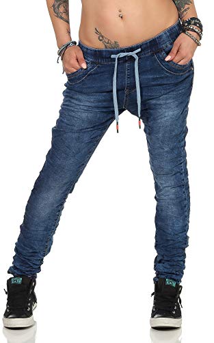 Fashion4Young 3913 Damen Jeans Hose Boyfriend Haremsjeans Gummibund Jogg-Pants Röhrenjeans Slim-Fit (Dunkelblau, 38) von Fashion4Young