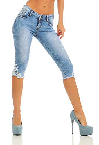 Fashion4Young 4016 Damen Capri Jeans 3/4-Jeans Slim-fit Damenjeans Caprihose Spitze Streetwear Slimline (blau, L-40) von Fashion4Young