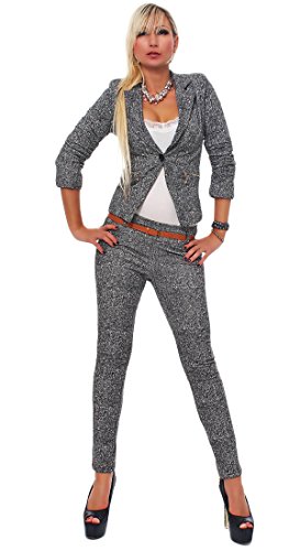 Fashion4Young 4417 Damen Business Anzug Hosenanzug Hose und Blazer Weste Jacke in Grau 4 Größen (L = 38, Grau Weiß) von Fashion4Young