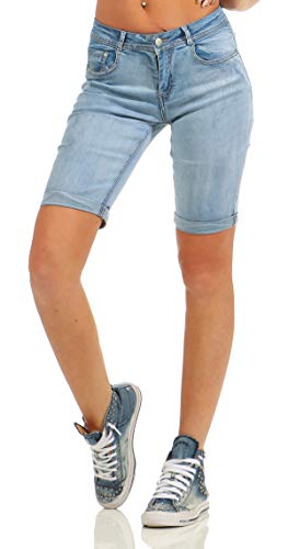 Fashion4Young 4971 Damen Jeans Bermuda Denim Shorts Kurze Hose Slim Fit Stretch Destroyed (blau, L-40) von Fashion4Young