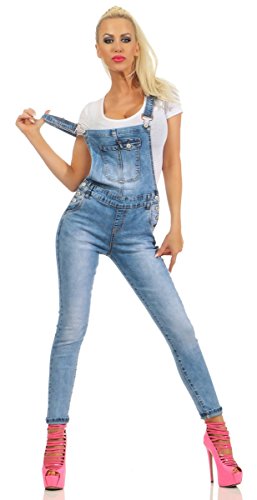 Fashion4Young 5300 Damen Jeans Latzhose Latz Jeans Träger Röhrenjeans Jeanslatzhose Stretch Slimline (blau, XL-42) von Fashion4Young