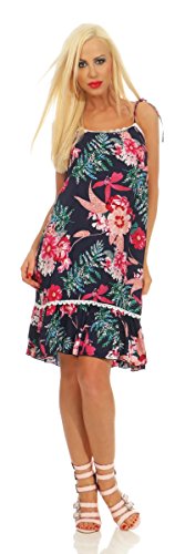 Fashion4Young 5440 Casual Damen Kleid Knielanges Sommerkleid Volants Blumen Strandkleid (blau, L-XL/38-40) von Fashion4Young