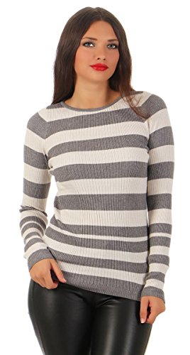 Fashion4Young 5582 Damen Feinstrick Pullover Strickpullover Langarm Blockstreifen Rundhals (M/L=38/40, grau-Weiss) von Fashion4Young