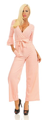 Fashion4Young 5671 Damen Jumpsuit Overall Einteiler Hosenanzug Wickeloptik Streifen Gestreift Party Clubwear Sommer (apricot, 34-36) von Fashion4Young