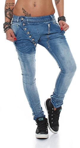 Fashion4Young 5857 MOZZAAR Damen Jeans Hose Röhrenjeans Haremshose Röhre Damenjeans Hüftjeans (3XL=46, Dunkelblau) von Fashion4Young