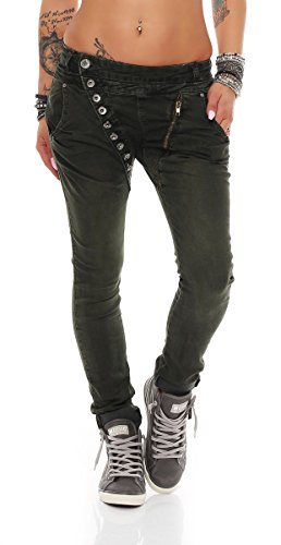 Fashion4Young 5857 MOZZAAR Damen Jeans Hose Röhrenjeans Haremshose Röhre Damenjeans Hüftjeans (3XL=46, Dunkelgrün) von Fashion4Young