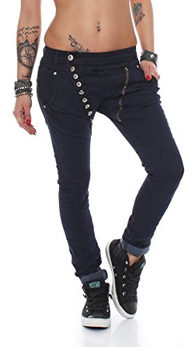 Fashion4Young 5857 MOZZAAR Damen Jeans Hose Röhrenjeans Haremshose Röhre Damenjeans Hüftjeans (M = 38, 5857-8-Dunkelkblau) von Fashion4Young